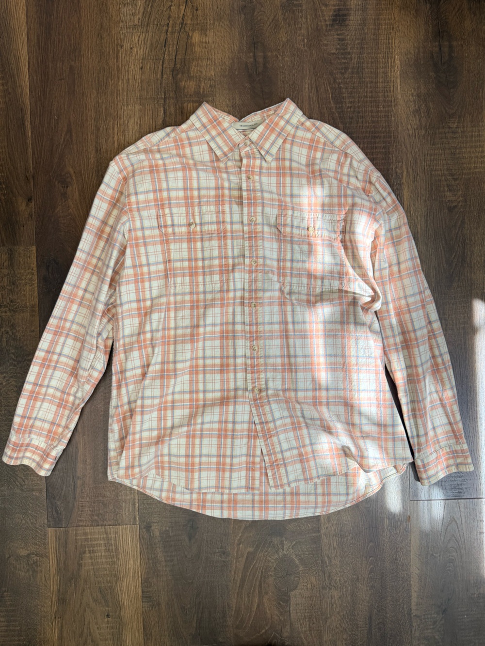 L.L. Bean Men's Peach and White Plaid Button-Down Shirt